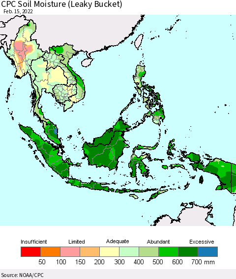 South East Asia CPC Soil Moisture (Leaky Bucket) Thematic Map For 2/11/2022 - 2/15/2022