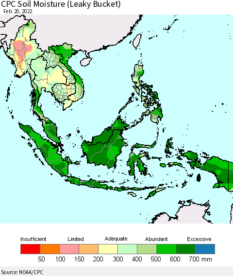 South East Asia CPC Soil Moisture (Leaky Bucket) Thematic Map For 2/16/2022 - 2/20/2022