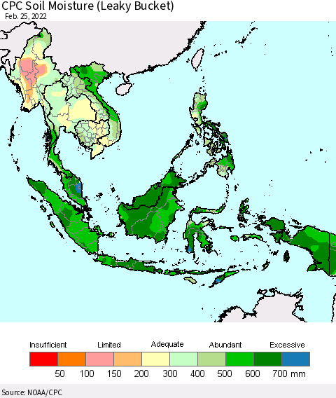 South East Asia CPC Soil Moisture (Leaky Bucket) Thematic Map For 2/21/2022 - 2/25/2022