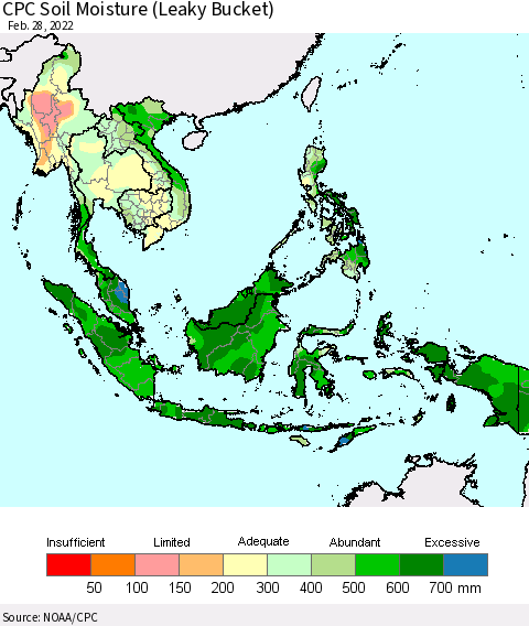 South East Asia CPC Soil Moisture (Leaky Bucket) Thematic Map For 2/26/2022 - 2/28/2022