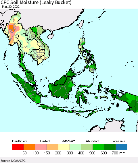 South East Asia CPC Soil Moisture (Leaky Bucket) Thematic Map For 3/16/2022 - 3/20/2022