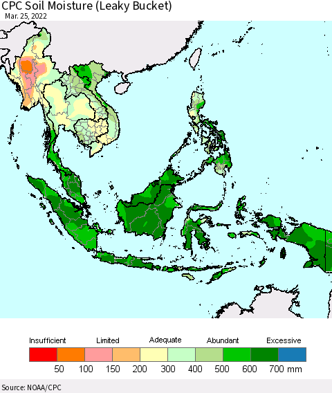South East Asia CPC Soil Moisture (Leaky Bucket) Thematic Map For 3/21/2022 - 3/25/2022