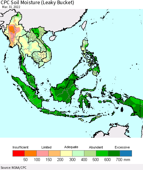 South East Asia CPC Soil Moisture (Leaky Bucket) Thematic Map For 3/26/2022 - 3/31/2022