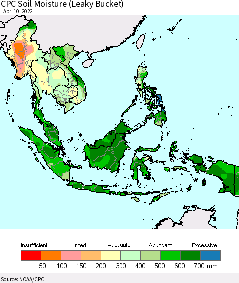South East Asia CPC Soil Moisture (Leaky Bucket) Thematic Map For 4/6/2022 - 4/10/2022