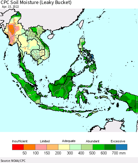 South East Asia CPC Soil Moisture (Leaky Bucket) Thematic Map For 4/11/2022 - 4/15/2022