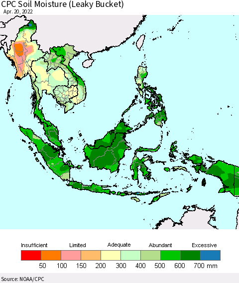 South East Asia CPC Soil Moisture (Leaky Bucket) Thematic Map For 4/16/2022 - 4/20/2022