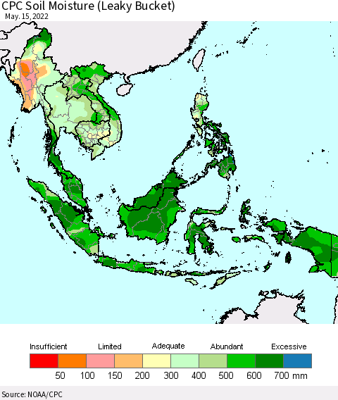 South East Asia CPC Soil Moisture (Leaky Bucket) Thematic Map For 5/11/2022 - 5/15/2022