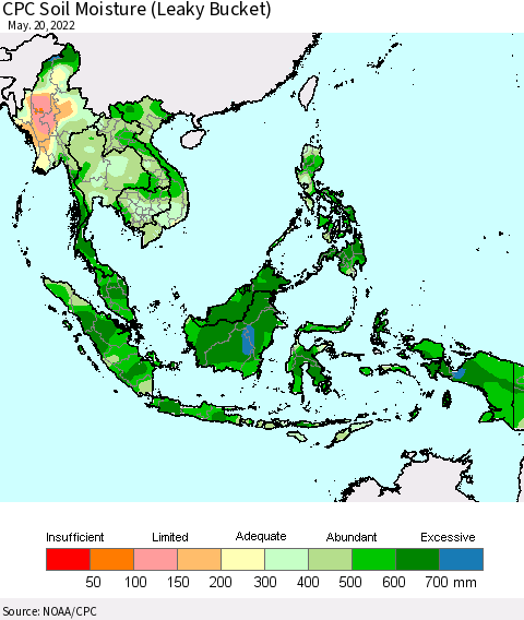 South East Asia CPC Soil Moisture (Leaky Bucket) Thematic Map For 5/16/2022 - 5/20/2022
