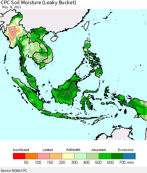South East Asia CPC Soil Moisture (Leaky Bucket) Thematic Map For 5/26/2022 - 5/31/2022
