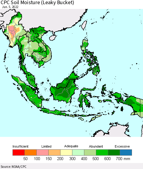 South East Asia CPC Soil Moisture (Leaky Bucket) Thematic Map For 6/1/2022 - 6/5/2022