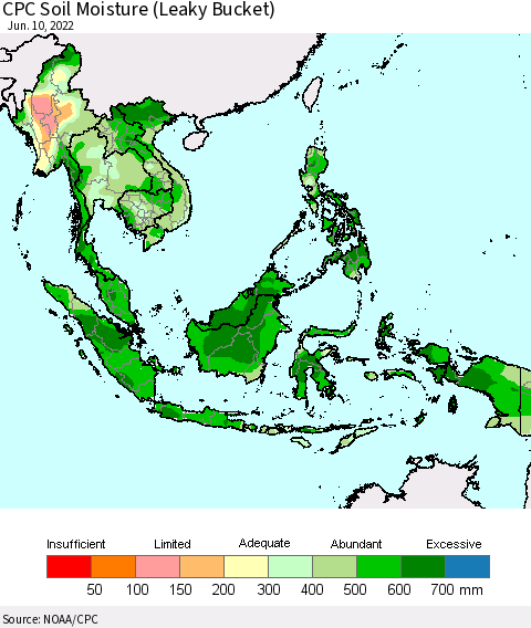 South East Asia CPC Soil Moisture (Leaky Bucket) Thematic Map For 6/6/2022 - 6/10/2022