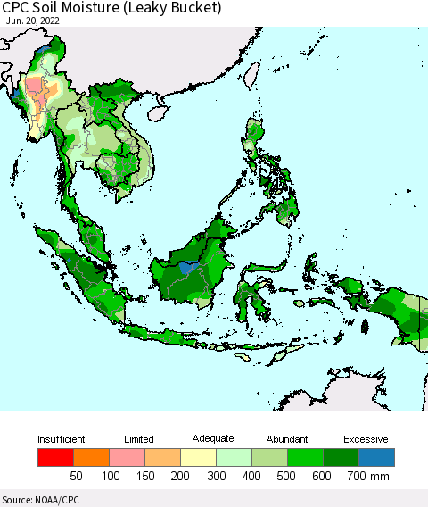 South East Asia CPC Soil Moisture (Leaky Bucket) Thematic Map For 6/16/2022 - 6/20/2022
