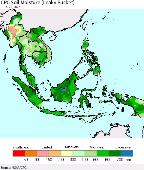 South East Asia CPC Soil Moisture (Leaky Bucket) Thematic Map For 6/21/2022 - 6/25/2022