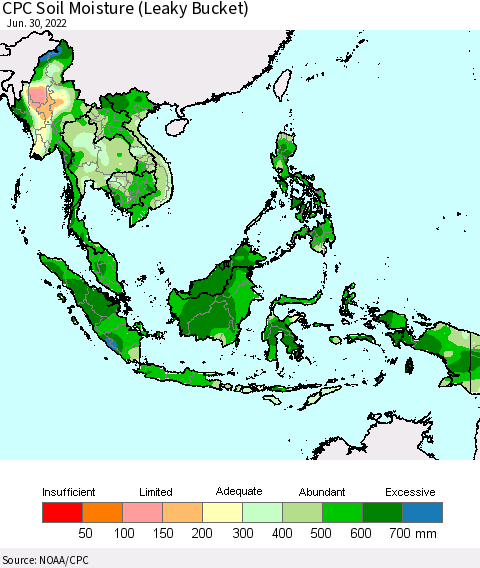 South East Asia CPC Soil Moisture (Leaky Bucket) Thematic Map For 6/26/2022 - 6/30/2022