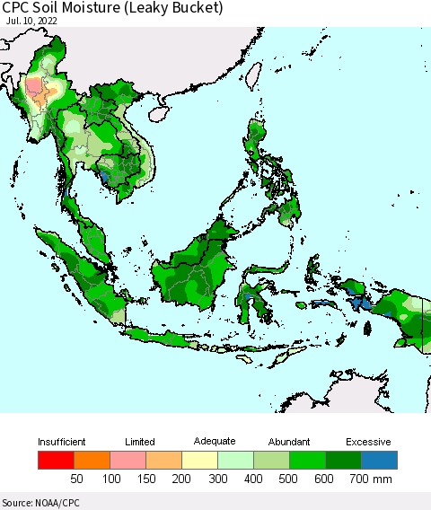 South East Asia CPC Soil Moisture (Leaky Bucket) Thematic Map For 7/6/2022 - 7/10/2022