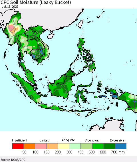 South East Asia CPC Soil Moisture (Leaky Bucket) Thematic Map For 7/11/2022 - 7/15/2022