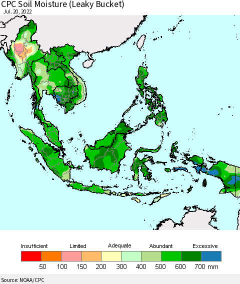 South East Asia CPC Soil Moisture (Leaky Bucket) Thematic Map For 7/16/2022 - 7/20/2022