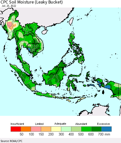 South East Asia CPC Soil Moisture (Leaky Bucket) Thematic Map For 7/21/2022 - 7/25/2022