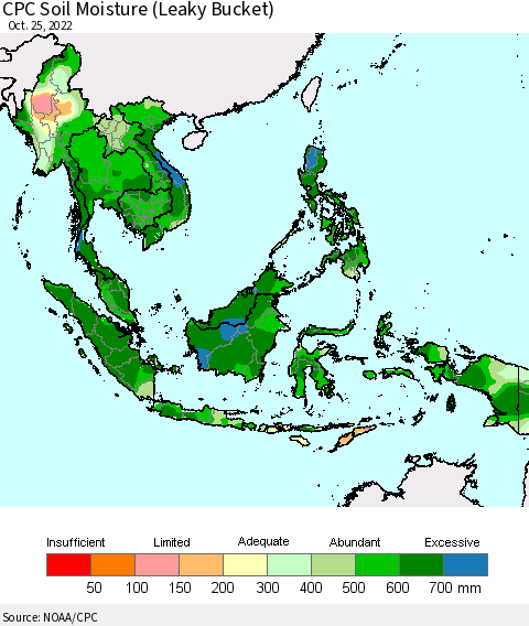 South East Asia CPC Soil Moisture (Leaky Bucket) Thematic Map For 10/21/2022 - 10/25/2022