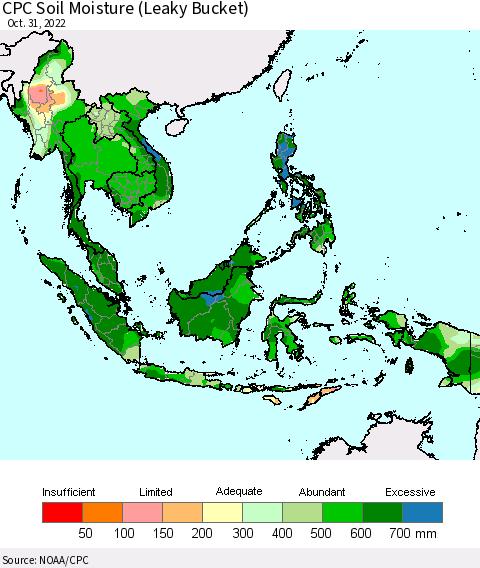 South East Asia CPC Soil Moisture (Leaky Bucket) Thematic Map For 10/26/2022 - 10/31/2022