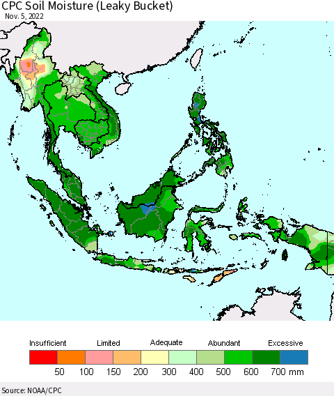 South East Asia CPC Soil Moisture (Leaky Bucket) Thematic Map For 11/1/2022 - 11/5/2022
