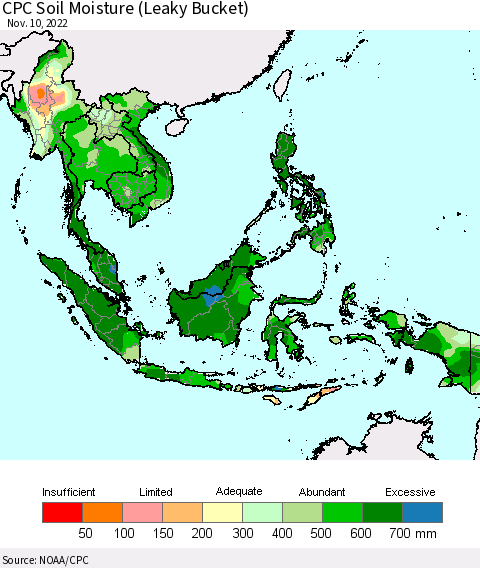 South East Asia CPC Soil Moisture (Leaky Bucket) Thematic Map For 11/6/2022 - 11/10/2022