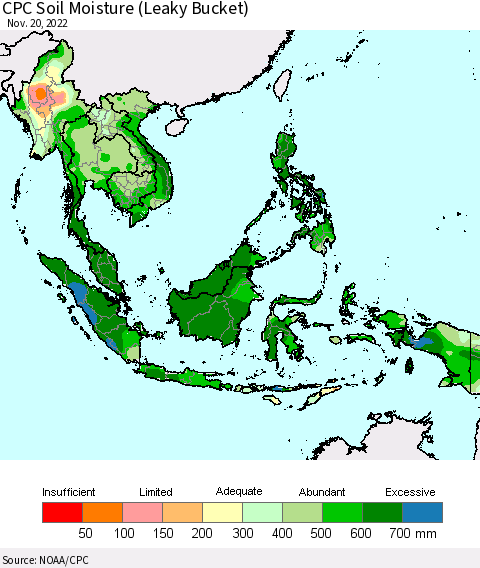 South East Asia CPC Soil Moisture (Leaky Bucket) Thematic Map For 11/16/2022 - 11/20/2022