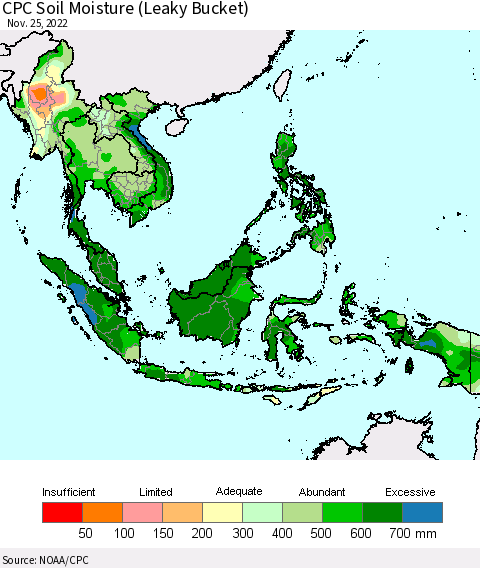 South East Asia CPC Soil Moisture (Leaky Bucket) Thematic Map For 11/21/2022 - 11/25/2022