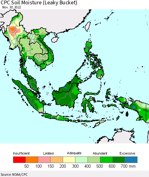 South East Asia CPC Soil Moisture (Leaky Bucket) Thematic Map For 11/26/2022 - 11/30/2022