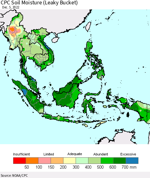 South East Asia CPC Soil Moisture (Leaky Bucket) Thematic Map For 12/1/2022 - 12/5/2022