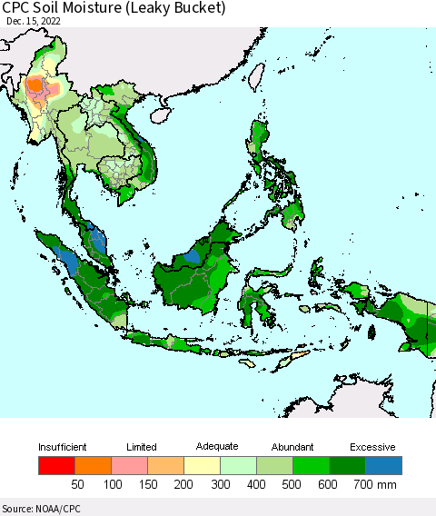 South East Asia CPC Soil Moisture (Leaky Bucket) Thematic Map For 12/11/2022 - 12/15/2022