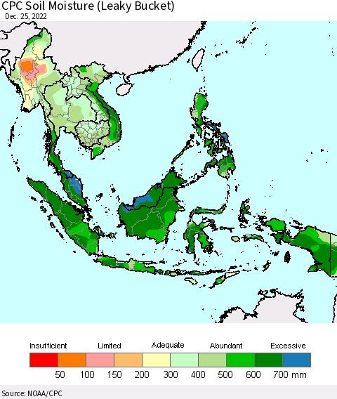 South East Asia CPC Soil Moisture (Leaky Bucket) Thematic Map For 12/21/2022 - 12/25/2022