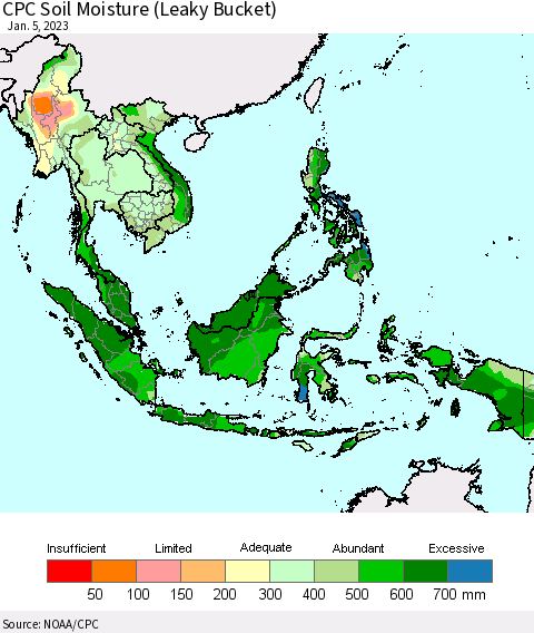 South East Asia CPC Soil Moisture (Leaky Bucket) Thematic Map For 1/1/2023 - 1/5/2023