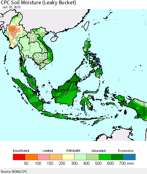 South East Asia CPC Soil Moisture (Leaky Bucket) Thematic Map For 1/6/2023 - 1/10/2023