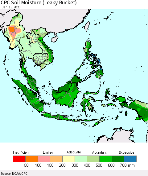 South East Asia CPC Soil Moisture (Leaky Bucket) Thematic Map For 1/11/2023 - 1/15/2023