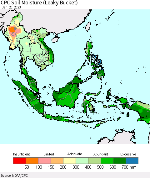 South East Asia CPC Soil Moisture (Leaky Bucket) Thematic Map For 1/16/2023 - 1/20/2023