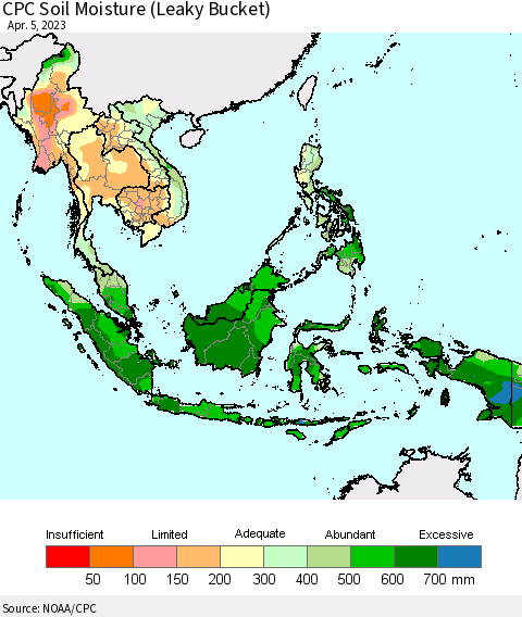 South East Asia CPC Soil Moisture (Leaky Bucket) Thematic Map For 4/1/2023 - 4/5/2023