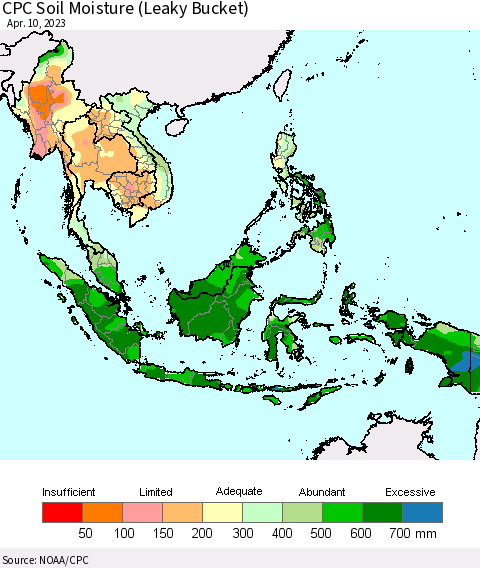South East Asia CPC Soil Moisture (Leaky Bucket) Thematic Map For 4/6/2023 - 4/10/2023