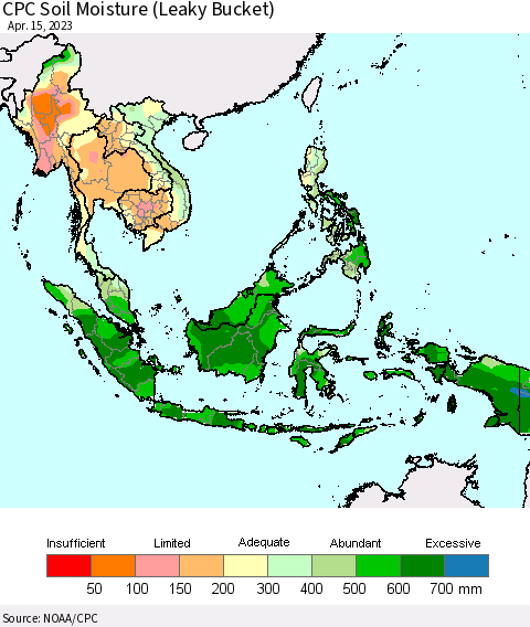 South East Asia CPC Soil Moisture (Leaky Bucket) Thematic Map For 4/11/2023 - 4/15/2023
