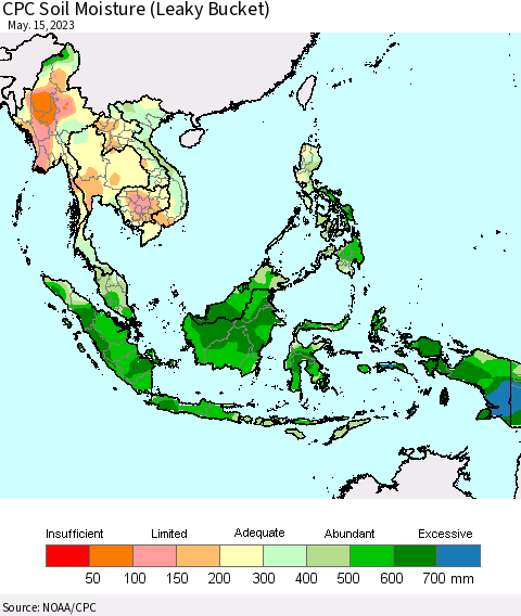 South East Asia CPC Soil Moisture (Leaky Bucket) Thematic Map For 5/11/2023 - 5/15/2023