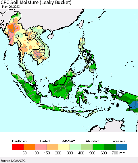 South East Asia CPC Soil Moisture (Leaky Bucket) Thematic Map For 5/16/2023 - 5/20/2023