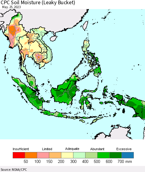 South East Asia CPC Soil Moisture (Leaky Bucket) Thematic Map For 5/21/2023 - 5/25/2023