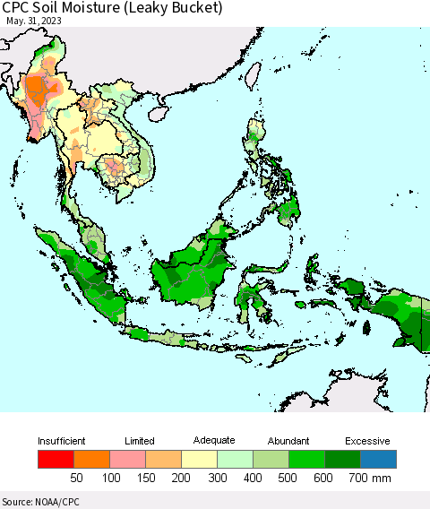 South East Asia CPC Soil Moisture (Leaky Bucket) Thematic Map For 5/26/2023 - 5/31/2023