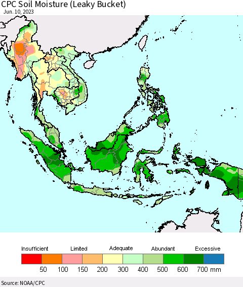 South East Asia CPC Soil Moisture (Leaky Bucket) Thematic Map For 6/6/2023 - 6/10/2023