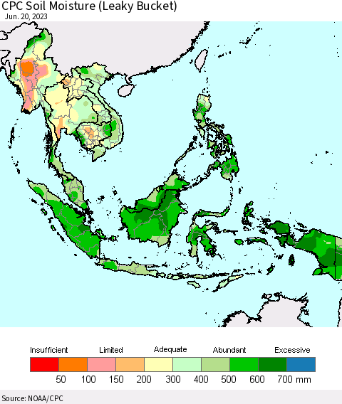 South East Asia CPC Soil Moisture (Leaky Bucket) Thematic Map For 6/16/2023 - 6/20/2023