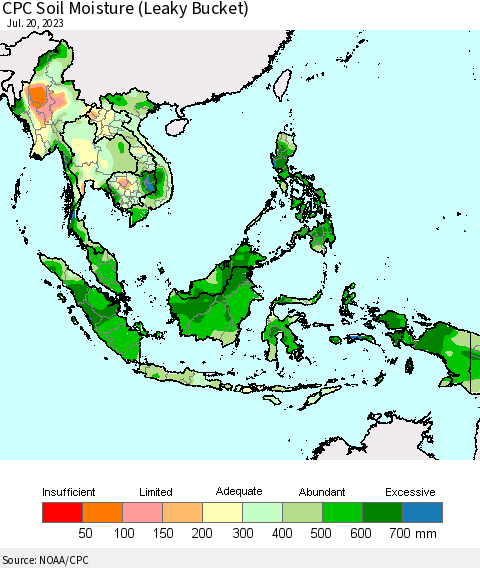 South East Asia CPC Soil Moisture (Leaky Bucket) Thematic Map For 7/16/2023 - 7/20/2023