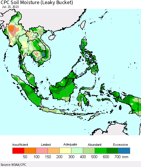 South East Asia CPC Soil Moisture (Leaky Bucket) Thematic Map For 7/21/2023 - 7/25/2023