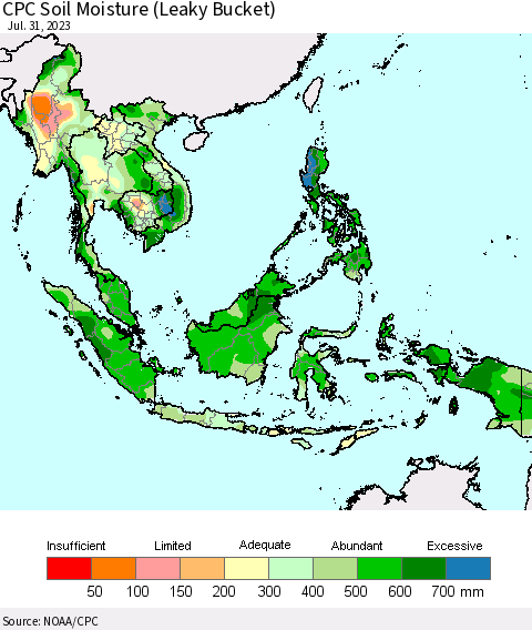 South East Asia CPC Soil Moisture (Leaky Bucket) Thematic Map For 7/26/2023 - 7/31/2023