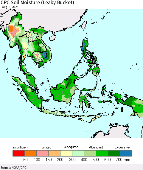 South East Asia CPC Soil Moisture (Leaky Bucket) Thematic Map For 8/1/2023 - 8/5/2023