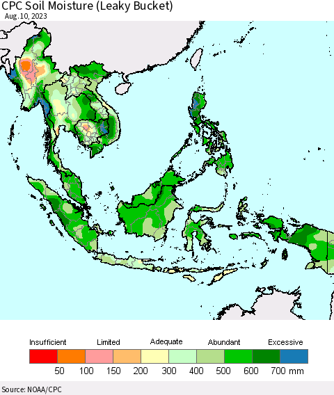 South East Asia CPC Soil Moisture (Leaky Bucket) Thematic Map For 8/6/2023 - 8/10/2023